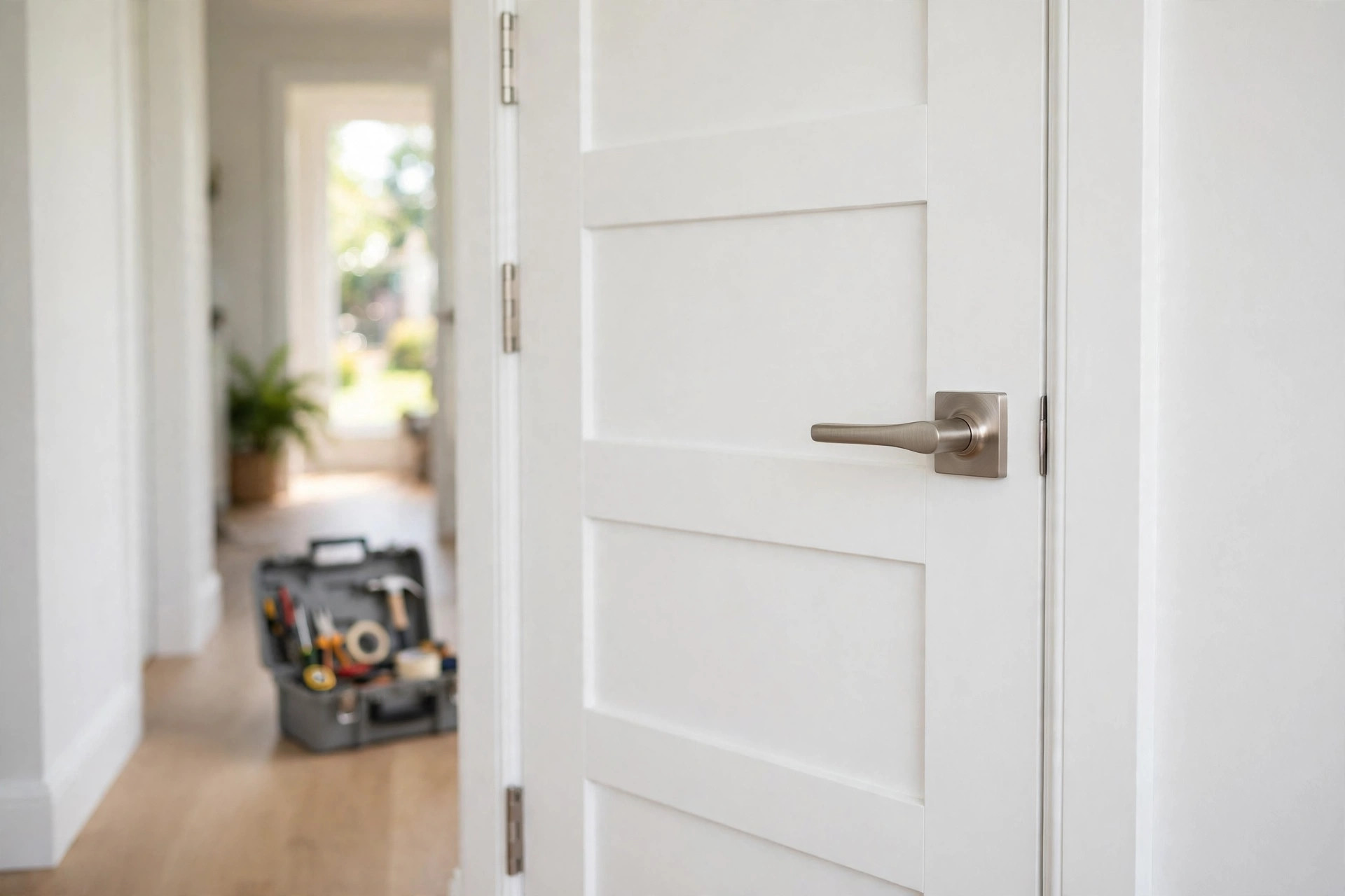 A freshly installed interior door with new hardware