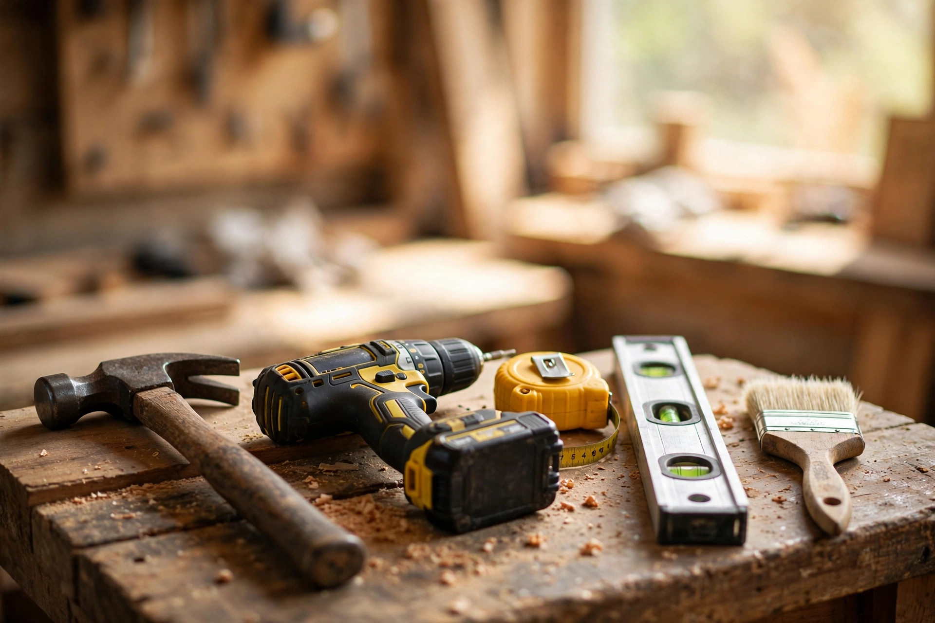A handyman's workbench with hammer, drill, tape measure, level, and paintbrush
